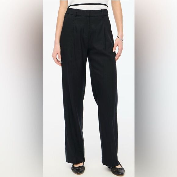 J.Crew Womens Black High Rise Linen Blend Wide Leg Pleated Trouser Pants Size 8 - Picture 1 of 14